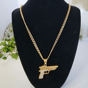 Pistol Revolver Pendant on 22" Chain Necklace Gold Plated Steel New